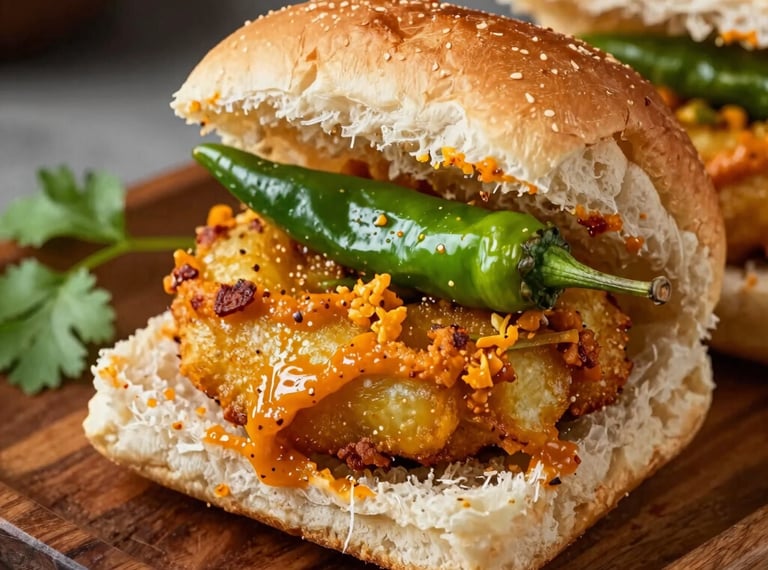 Close-up professional food photography of a classic Maharashtrian Vada Pav. A golden-brown, crispy potato fritter sits inside a soft sliced bun, dusted with vibrant orange-red garlic chutney and topped with a single fried green chili. Rich textures of the bread and crispy batter, placed on a rustic dark brown wooden platter with fresh green coriander leaves nearby.