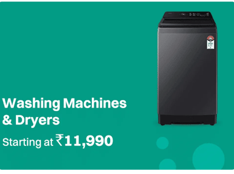 Dark grey top load washing machine on a green background with price starting at ₹11,990.