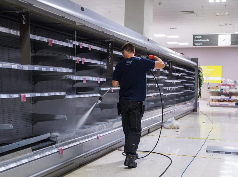A maintenance worker pressure washing empty refrigerated shelves in a supermarket aisle.