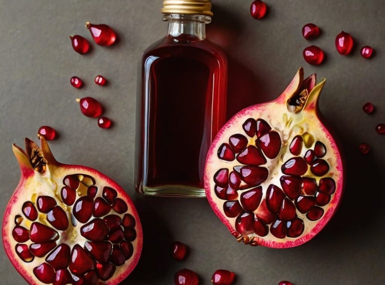 a bottle with red pomegranate oil on a table am two pomegranate
