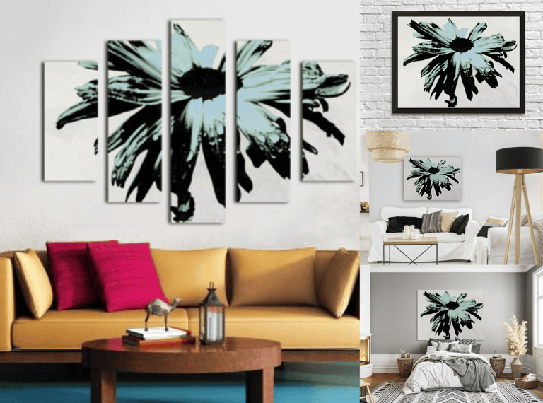 Canvas Prints spilt, unframed and framed hanging on livingroom and bedroom walls with furniture 