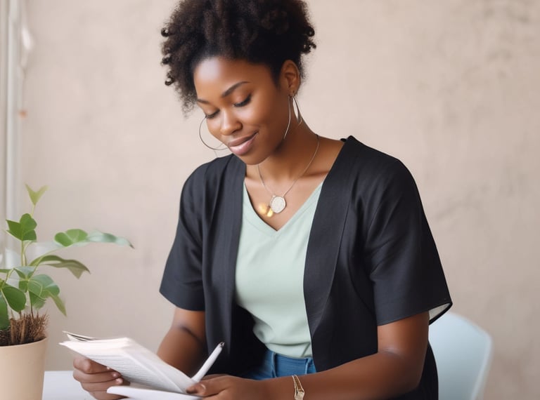 Christian woman reflecting in quiet time with Bible and journal