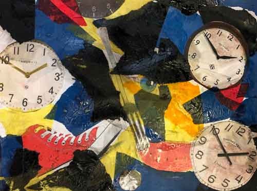 fantasy paper collage featuring clocks
