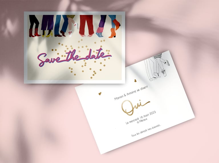 UN save the date de mariage avec des pieds qui dansent