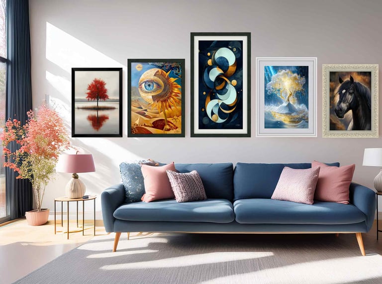 a living room with a couch and framed wall art