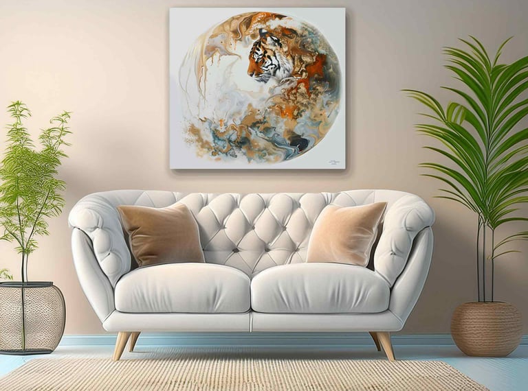 a couch with a canvas print of a tiger