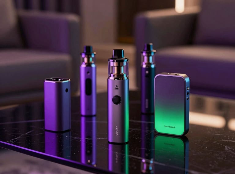 A high-end, close-up lifestyle shot of premium vape accessories and devices arranged on a dark obsidian glass table. Softly glowing neon purple and green lights reflect off the sleek surfaces, with a blurred background of a modern luxury lounge in Dubai, Middle Eastern / Dubai Gulf Region, professional product photography, dramatic shadows, sophisticated and moody atmosphere.