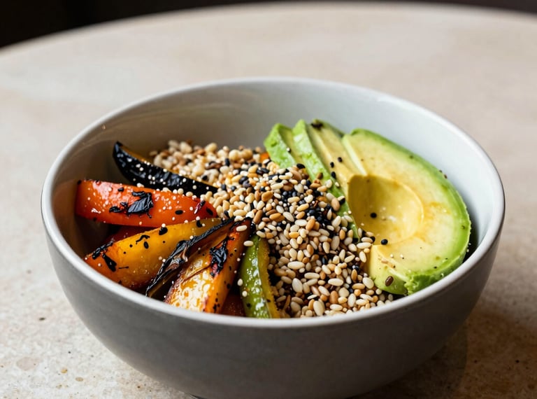 A vibrant organic grain bowl filled with roasted vegetables, avocado, and seeds in a sleek bowl on a light stone tabletop in a North American / US restaurant.