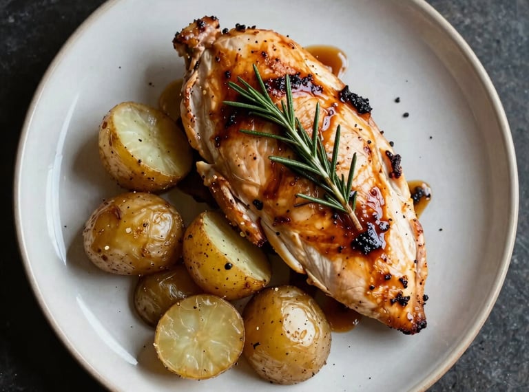 Herb-roasted organic chicken breast with rosemary glaze and fingerling potatoes on ceramic plate, top-down culinary photo, North American / US.