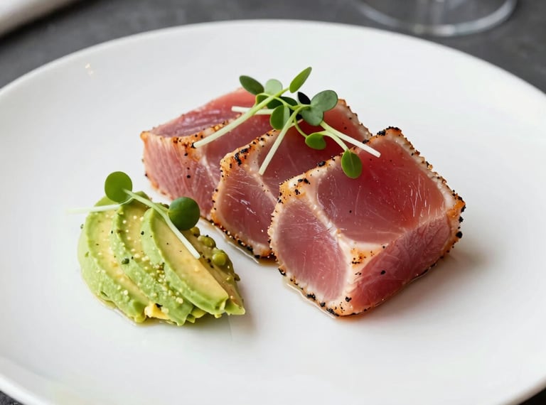 Artfully plated seared ahi tuna with avocado puree and delicate microgreens on a white slate plate, modern corporate fine dining photography, North American / US.