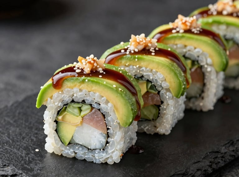 A dragon sushi roll with avocado wrapping and unagi sauce drizzle on a dark stone plate, professional food photography, North American / US.