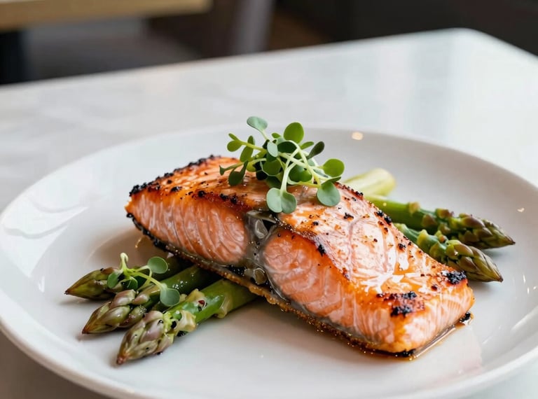 A perfectly pan-seared salmon fillet garnished with microgreens and asparagus on modern tableware, bright clean lighting, North American / US high-end venue.