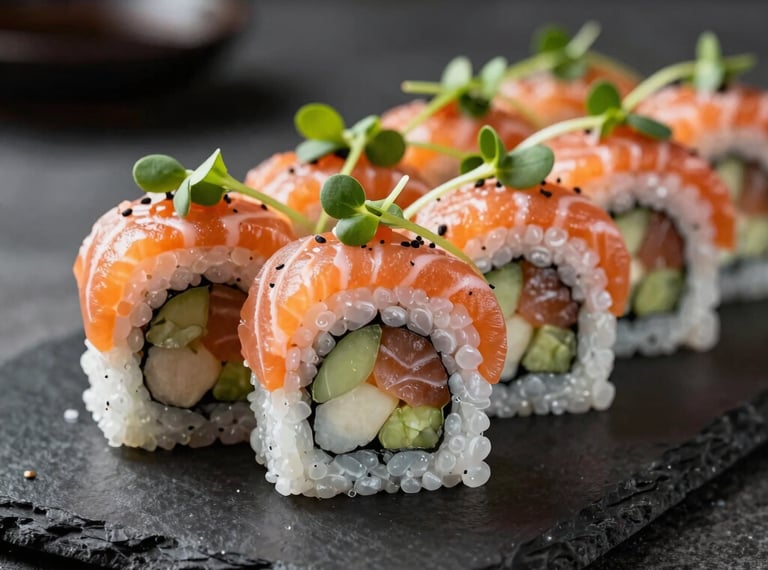 An elegant specialty sushi roll garnished with fresh salmon and microgreens on a slate platter, modern luxury dining styling in North American / US.