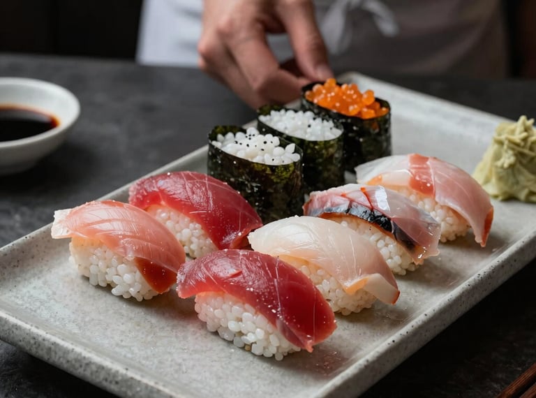 A chef-curated platter of fresh nigiri sushi including bluefin tuna and hamachi, minimal modern food styling, North American / US.