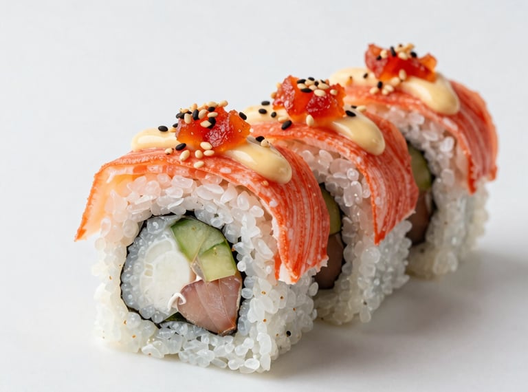 A gourmet Pacific crab sushi roll with spicy mayo drizzle and toasted sesame seeds, crisp studio lighting, North American / US.