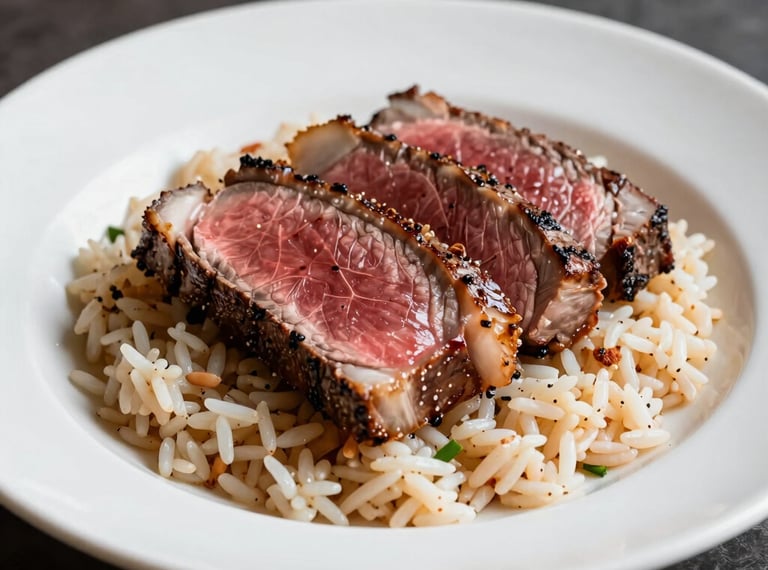Plated prime tenderloin steak slices over gourmet rice pilaf, sophisticated restaurant presentation, North American / US corporate setting.