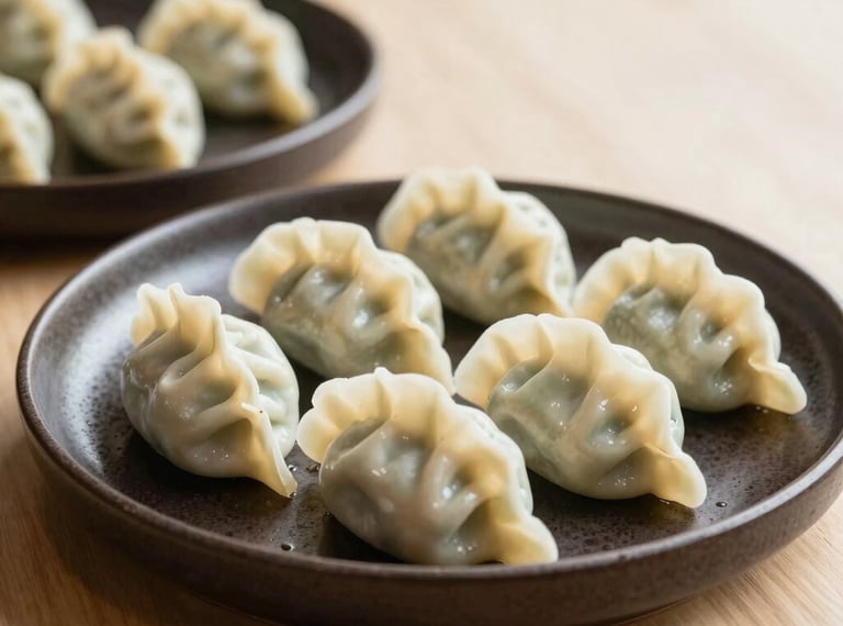 A beautiful gourmet appetizer plate with hand-crafted dumplings on dark ceramic dishware, warm natural daylight studio setting, styled for an upscale North American / US restaurant.