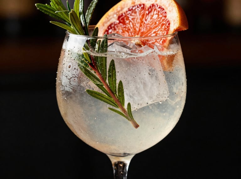 An elegant gin tonic garnished with botanicals and a slice of grapefruit. Light, airy but sophisticated, high-contrast, editorial photography.