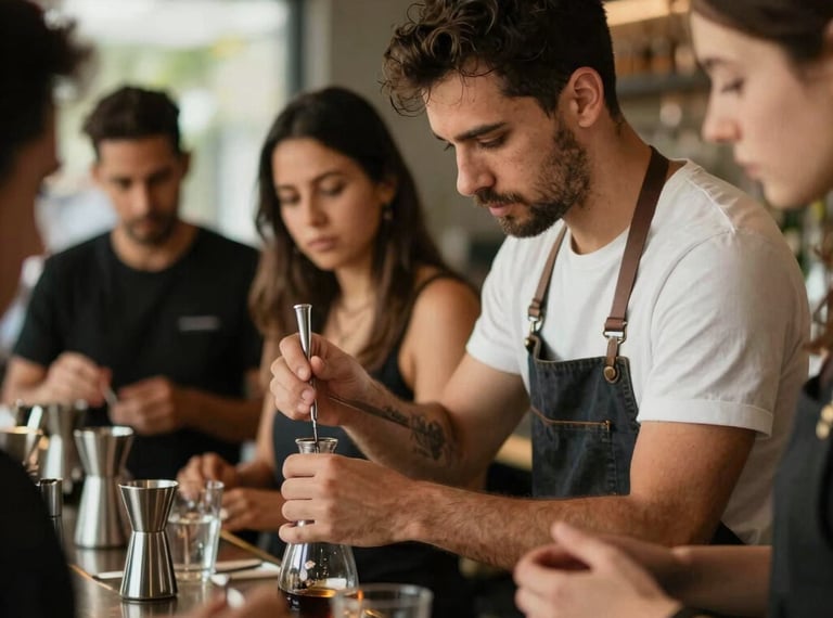 An intimate training session at a modern Brazilian bar. A professional mixologist demonstrating techniques to a focused staff. Soft, sophisticated lighting.