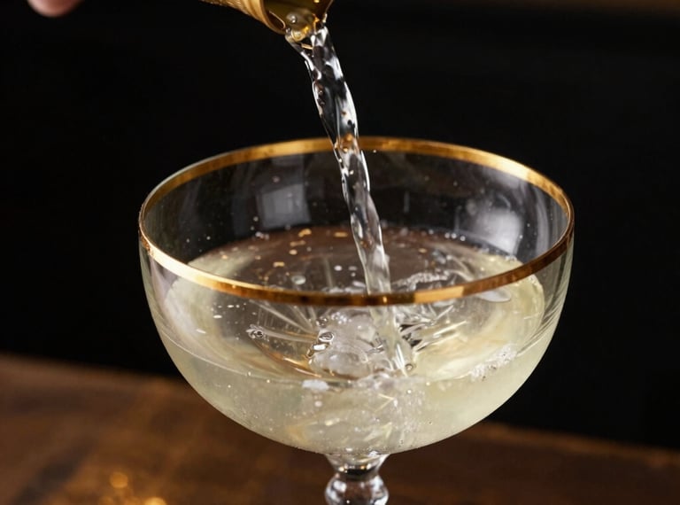 A close-up photograph of an elegant cocktail being poured into a crystal coupe glass, gold-rimmed. Moody luxury setting, soft side-lighting, dark background with golden reflections. Professional South American / Brazilian mixology style.