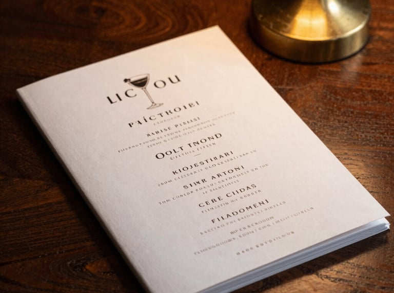 A beautifully printed boutique cocktail menu booklet lying on a dark wood table next to a brass lamp. Rich textures, luxury editorial photography.