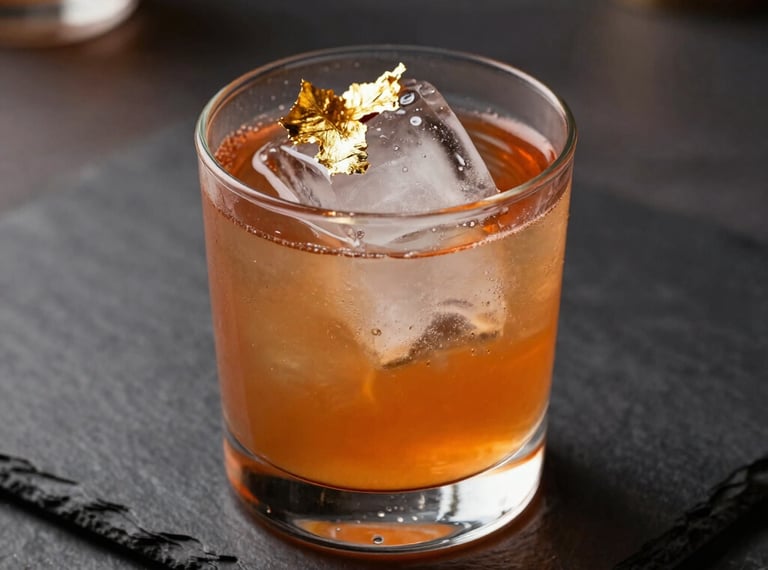 A vibrant signature cocktail with clear ice block, decorated with edible gold leaf, placed on dark slate. Warm ambient lighting, luxury editorial style.