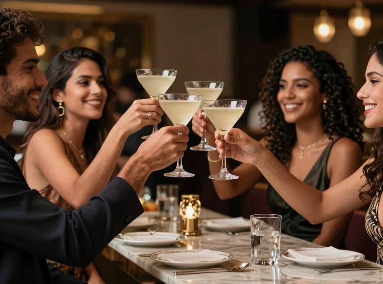 A stylish group of South American / Brazilian friends raising elegant cocktail glasses in toast at a luxury lounge bar.