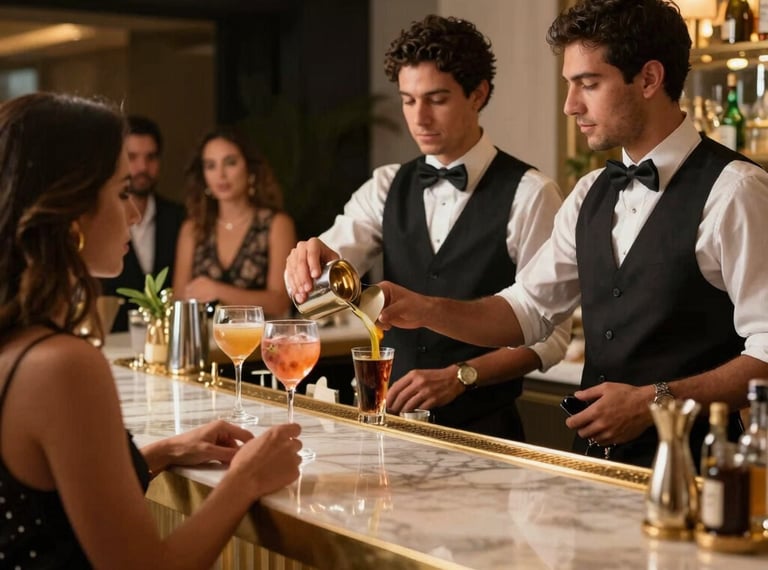 A high-end corporate event in Brazil with bartenders serving cocktails behind a gold-accented bar. Sophisticated South American guests, warm luxury vibes.