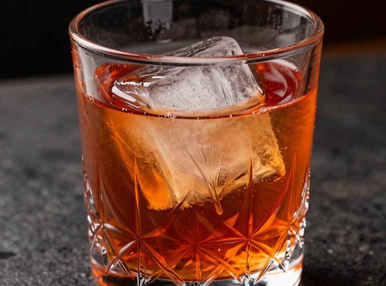 A close-up of a negroni with a stamped clear ice cube inside a heavy crystal glass. Moody shadows, rich orange and amber tones, luxury bar setting in Brazil.