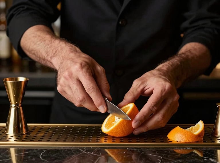 A sophisticated bartender's hands cutting an orange peel garnish on a dark marble counter. Golden tools, rich editorial lighting, elegant Brazilian bar aesthetic.