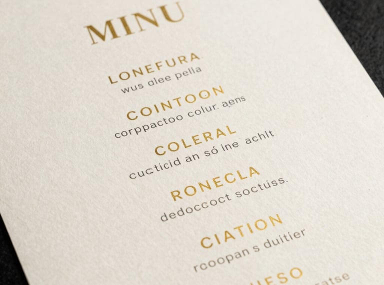 A minimalist design of a cocktail menu showing golden text on a clean, premium off-white paper. Editorial layout.