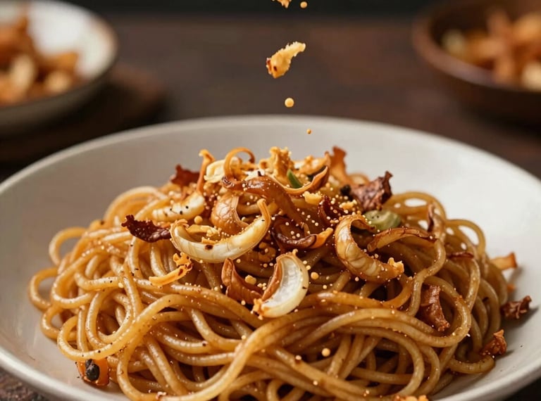 Golden-brown fried shallots being sprinkled onto a hot plate of noodles, showcasing authentic Indonesian food preparation with warm, inviting lighting.