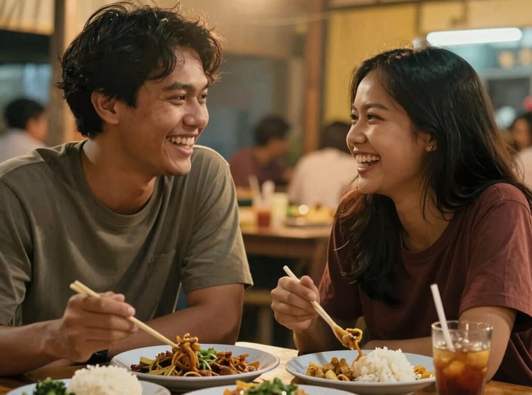 An Indonesian young couple laughing and enjoying their dinner at a cozy traditional food stall with warm golden ambient light.