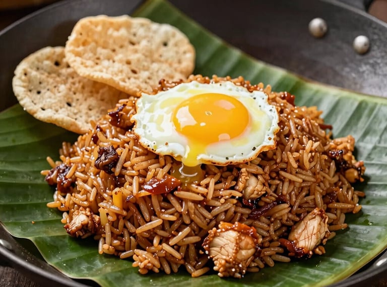Sizzling Javanese fried rice in a traditional wok, dark brown rice with chicken and egg served on a fresh green banana leaf with crackers.