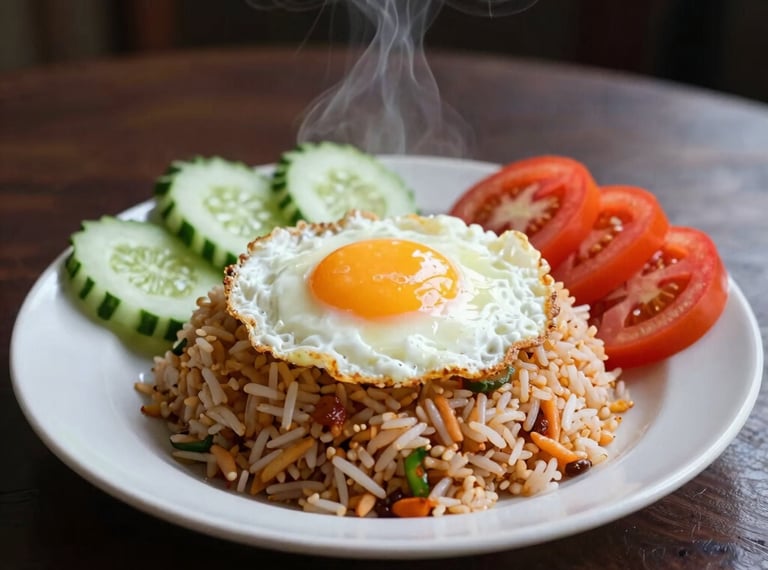 A plate of Javanese fried rice with steam rising, a perfectly fried egg on top, cucumber slices, and tomatoes on a dark wood table.