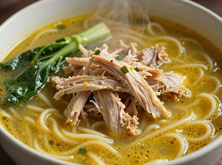 A steaming hot bowl of Javanese noodle soup with rich thick yellow broth, vegetables, and shredded chicken cooked traditionally.