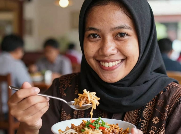 Close-up of a happy Javanese customer holding a spoon of delicious food, smiling warmly inside a well-lit traditional Javanese restaurant.