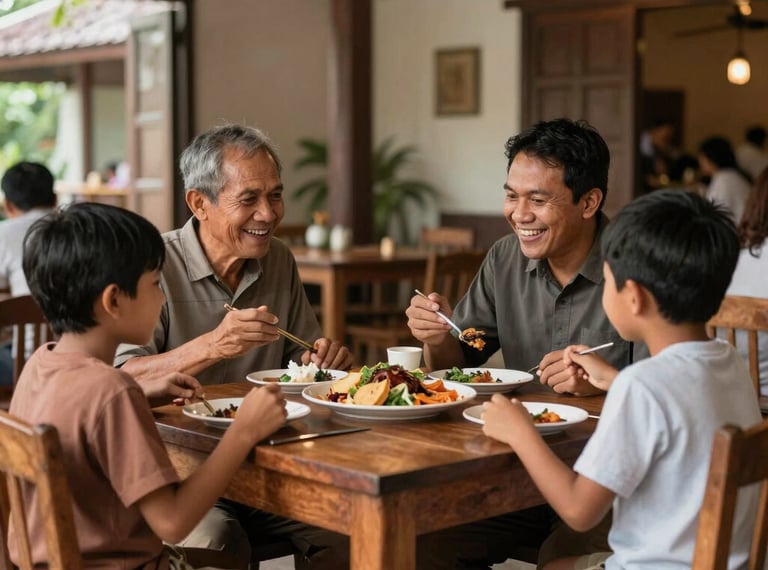 An Indonesian family dining together happily at a clean, rustic wooden table in a warm traditional Javanese restaurant environment.