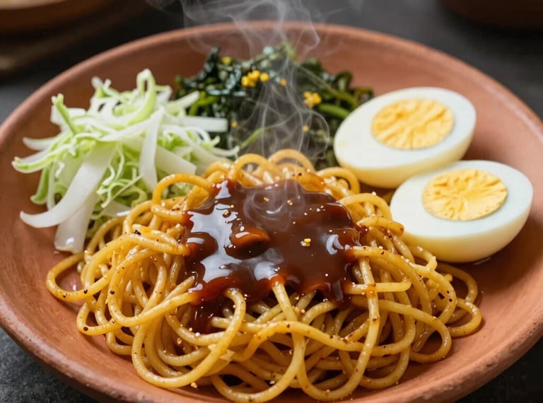 A steaming plate of Javanese fried noodles, yellow noodles with sweet soy sauce, cabbage, mustard greens, and eggs on a clay plate.