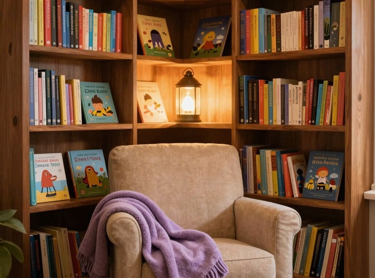 An enchanting, premium library nook in a North American home, designed with elegant wooden bookshelves filled with vibrant children's books. A plush warm-beige armchair rests in the corner with a soft lavender throw blanket draped over it. Warm, whimsical lighting glows from a small lantern-style lamp, casting soft golden and amber hues across the cozy reading space.