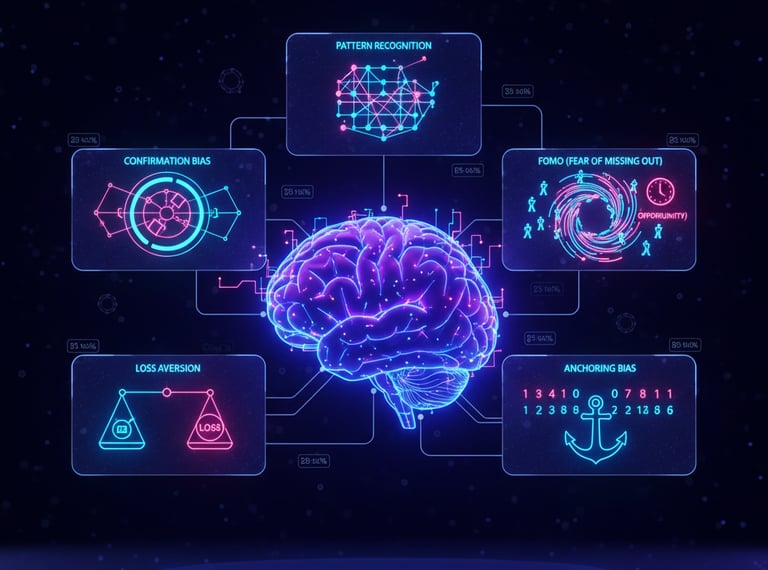 Cognitive biases mind-map showing how investor decisions are influenced by FOMO, loss aversion, anch