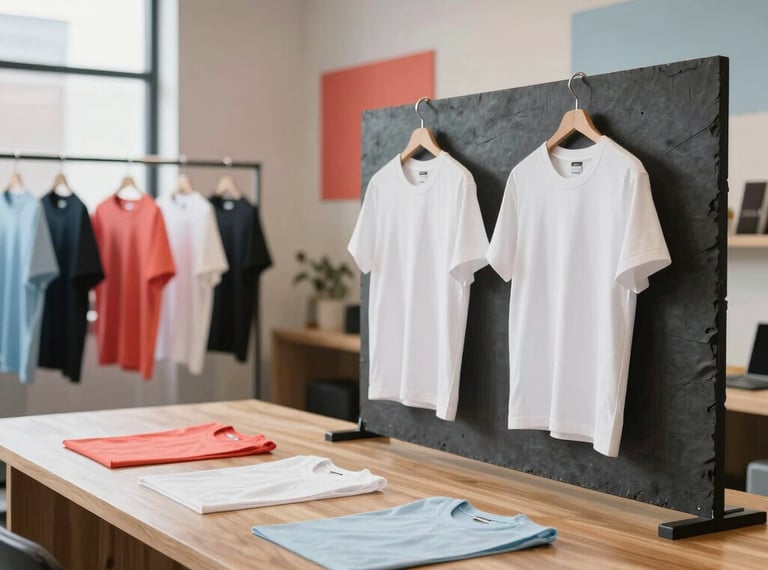 A bright modern apparel studio in a North American / US loft location. Soft daylight illuminates a wooden workbench with t-shirt samples hung on dark slate racks nearby. Coral red and light sky blue subtle decorative accents in the background interior. Clean studio photography, crisp contrast, depth of field.