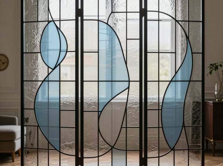 A elegant minimalist room divider screen featuring custom contemporary stained glass with abstract shapes of pale blue and clear textured glass, beautifully illuminating a chic Parisian interior.