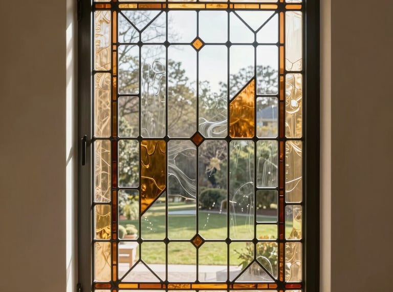 A modern window panel in an elegant private residence, displaying bespoke geometric stained glass that blends amber, soft sand, and translucent glass, catching the bright morning sun.