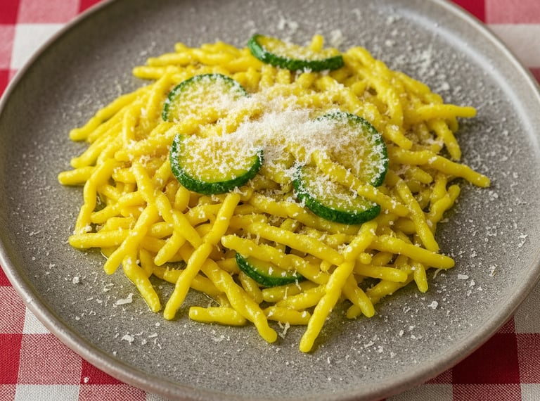 Trofie pasta with sliced zucchini and grated parmesan cheese on a grey plate.