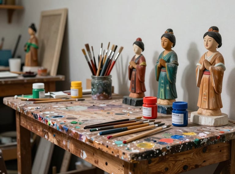 A side-angle photograph of an artisan painting studio in Latin America / Chile. Wooden tables covered with paint stains, rows of thin brushes, tempera jars, and half-finished painted wooden figures.