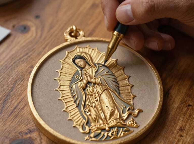 A close-up shot of hand painting a sacred virgin medallion with fine gold and soft taupe tempera detailing on a rustic oak table in Latin America / Chile.
