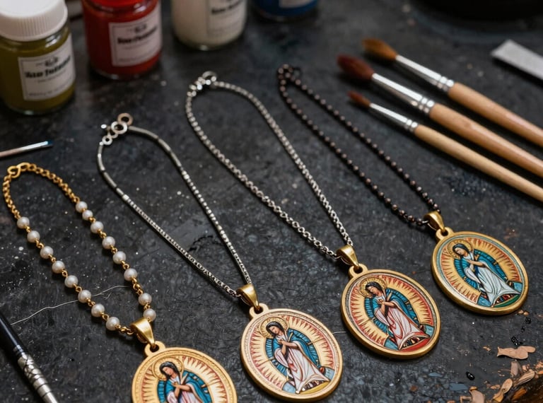 A detailed eye-level shot of religious necklaces and painted virgin medallions placed on a weathered charcoal black workbench alongside fine detail paintbrushes and glass jars filled with craft tempera in Santiago, Latin America / Chile.