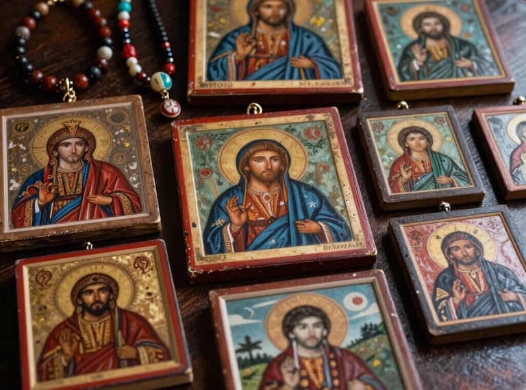 Atmospheric photography showing a collection of religious painted icons and colorful non-religious necklaces resting together on a dark wooden surface in Latin America / Chile.