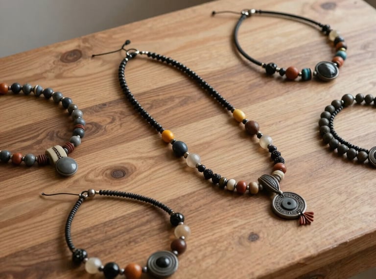 A warm studio photograph showing non-religious handmade colorful necklaces laid out on an artisan wood table in Latin America / Chile. Paint palettes with muted warm taupe and charcoal gray paint encircle the jewelry.